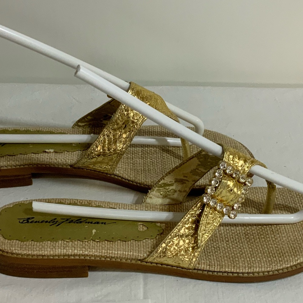 Beverly Feldman Gold thong sandal with diamond rhinestone buckle